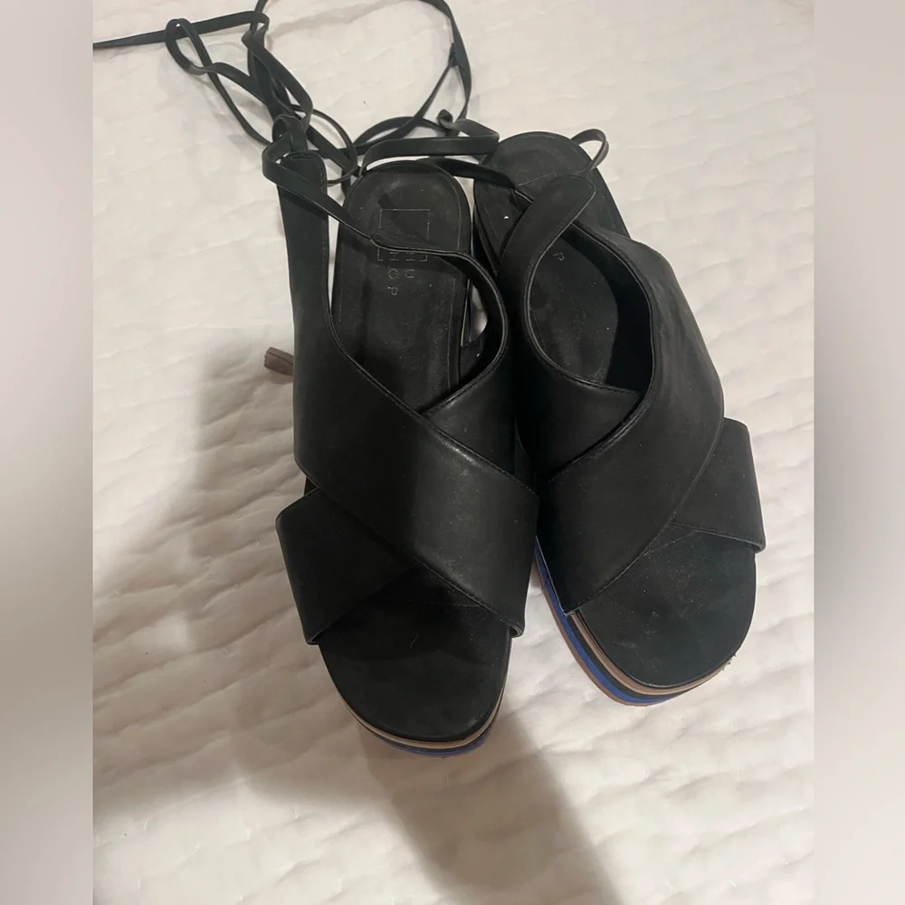 Black strappy Leather Platform Sandal with Blue and brown stripe Accent
